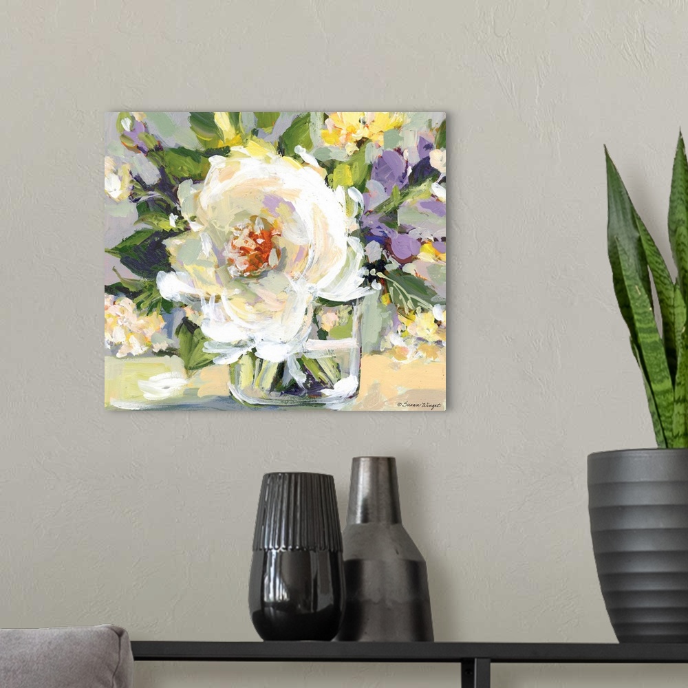 A modern room featuring This striking peony bouquet adds a dramatic statement to any room