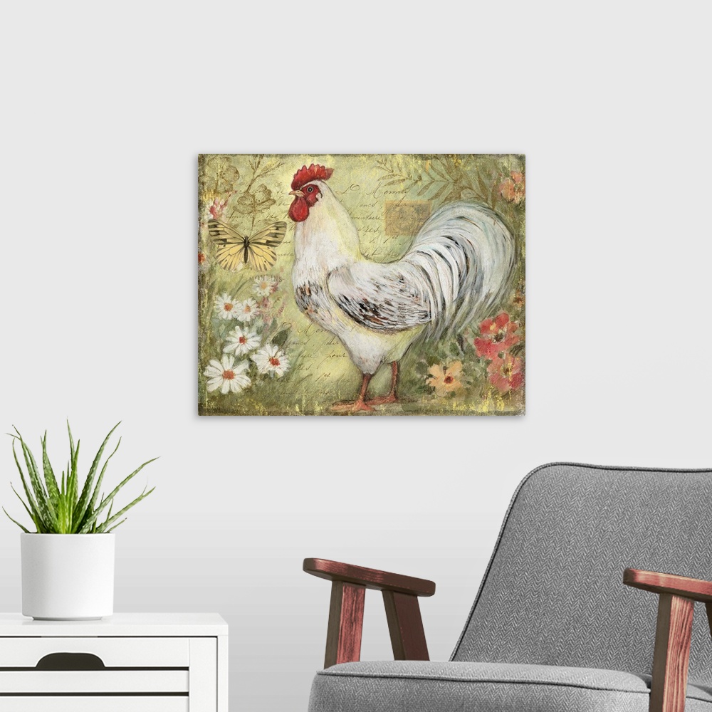A modern room featuring This elegant Rooster image adds a stunning accent to your kitchen or dining room.