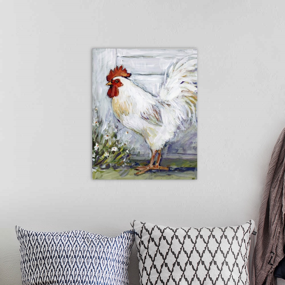 A bohemian room featuring This white rooster struts his stuff in this bold abstract farm scene.