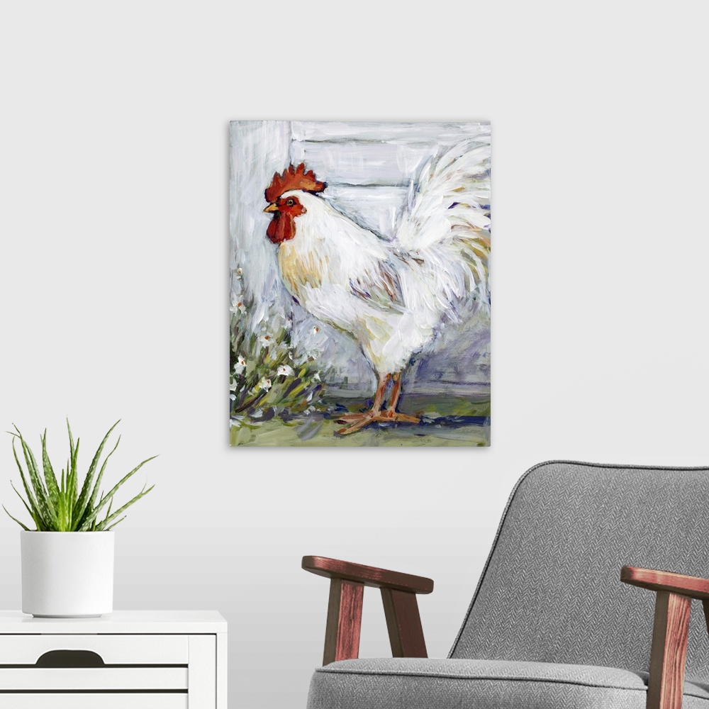 A modern room featuring This white rooster struts his stuff in this bold abstract farm scene.