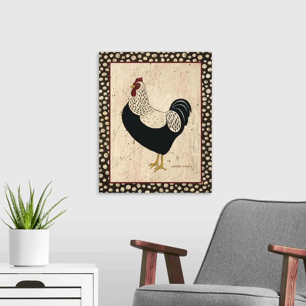 A modern room featuring Delightful folk art images of chickens by renowned folk artist, Warren Kimble