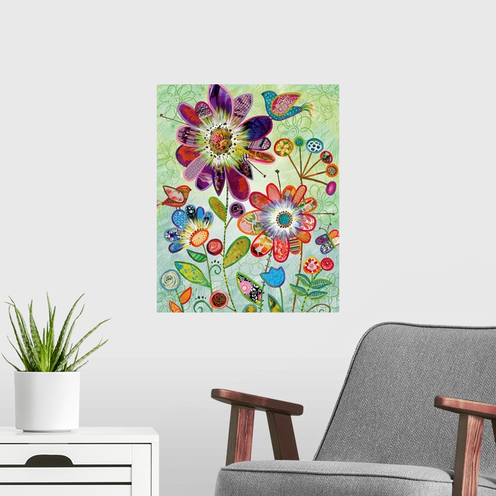 A modern room featuring Stylized birds rest on the blossoms of oversized flowers in this kaleidoscope of color and textur...