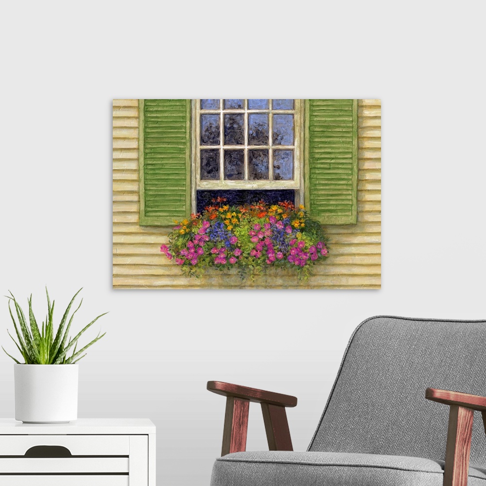 A modern room featuring Window box vignette creates trompe l'oiel effect