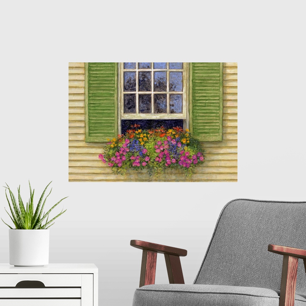 A modern room featuring Window box vignette creates trompe l'oiel effect