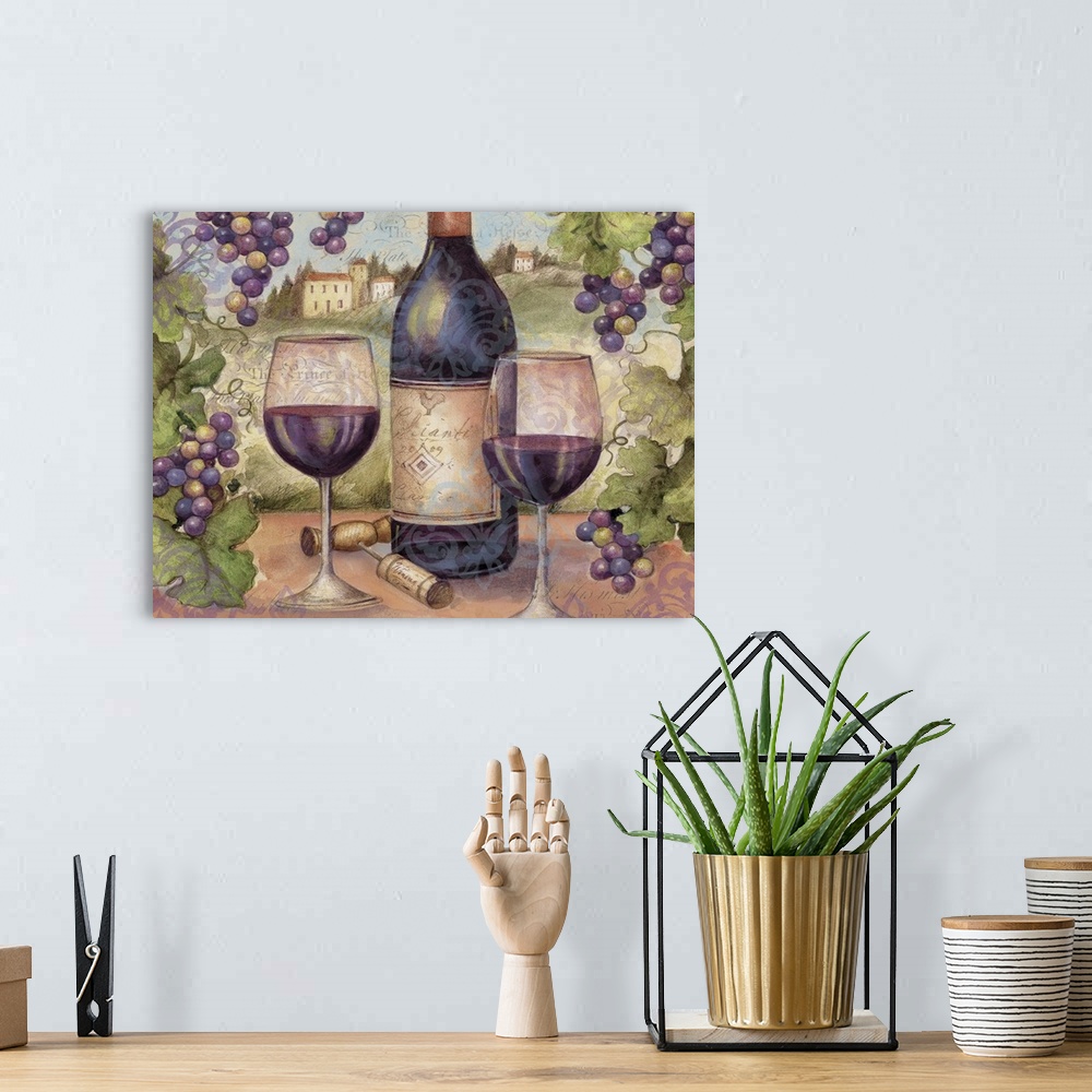 A bohemian room featuring Classic wine vignette works in any home decor.