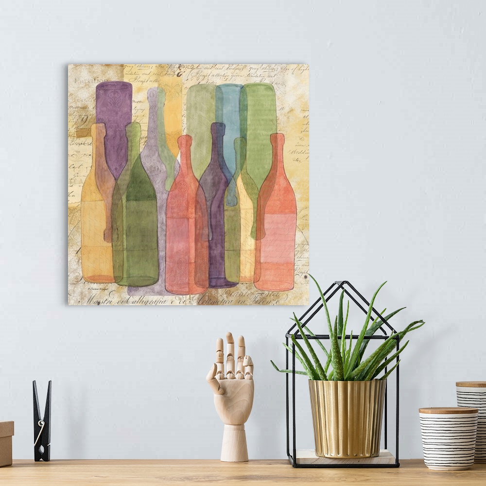 A bohemian room featuring An elegant abstract wine bottle scene captures all the color of wine.