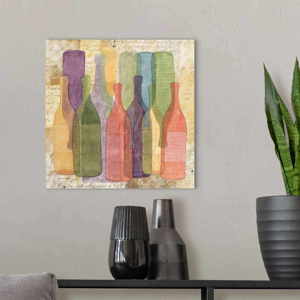 A modern room featuring An elegant abstract wine bottle scene captures all the color of wine.