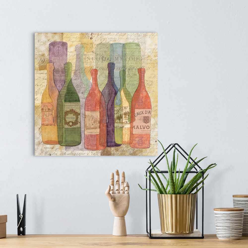 A bohemian room featuring An elegant abstract wine bottle scene captures all the color of wine.