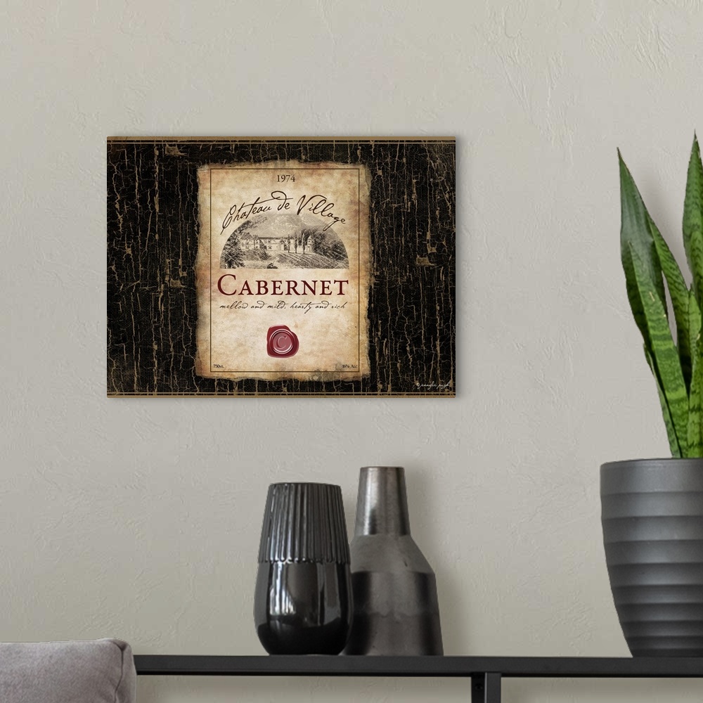 A modern room featuring Rustic painting of a wine label.