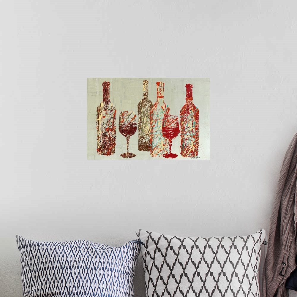 A bohemian room featuring Contemporary, abstract interpretation of wine bottles and glasses.