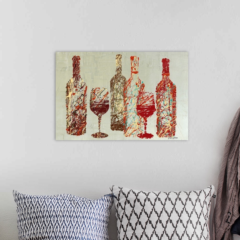 A bohemian room featuring Contemporary, abstract interpretation of wine bottles and glasses.