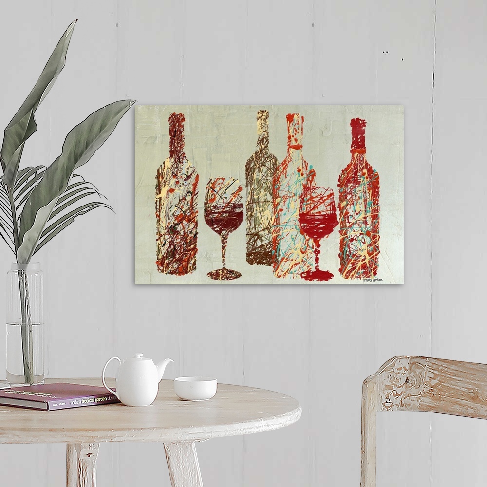A farmhouse room featuring Contemporary, abstract interpretation of wine bottles and glasses.