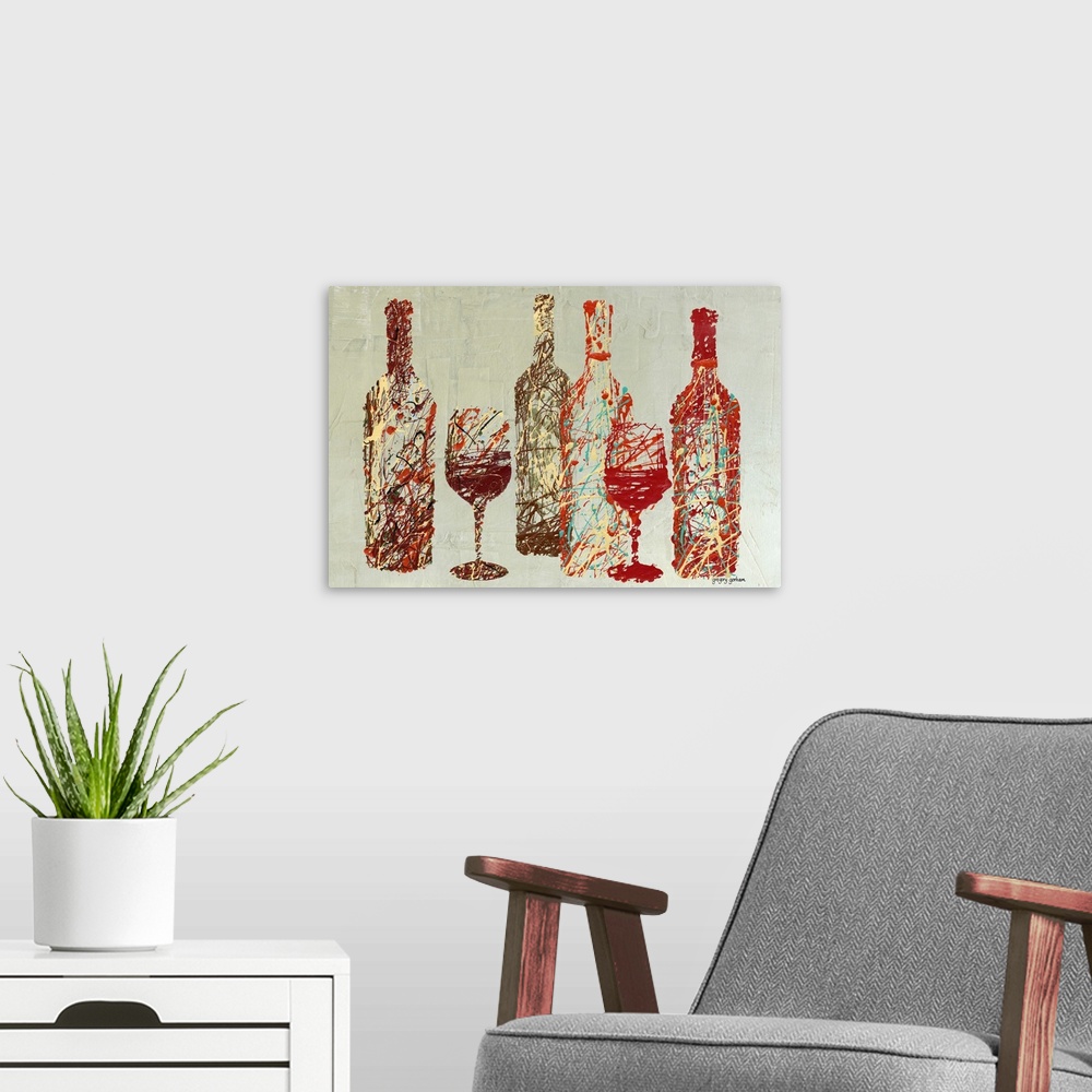 A modern room featuring Contemporary, abstract interpretation of wine bottles and glasses.