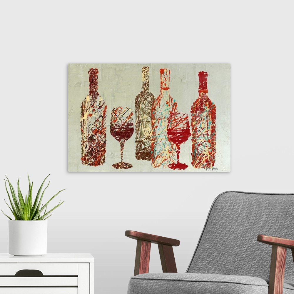 A modern room featuring Contemporary, abstract interpretation of wine bottles and glasses.