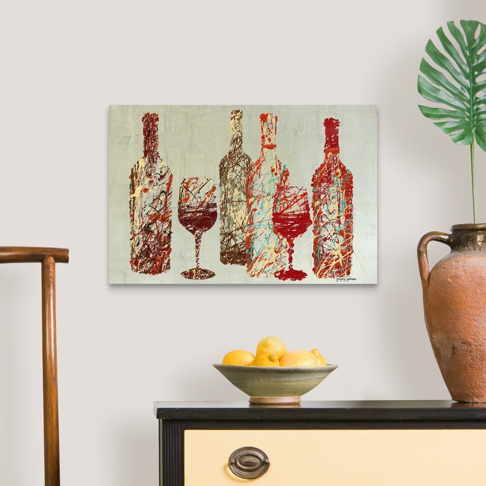 A traditional room featuring Contemporary, abstract interpretation of wine bottles and glasses.