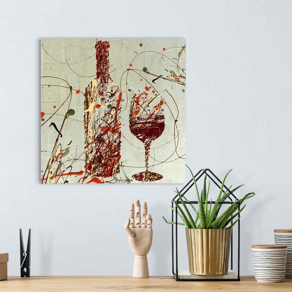 A bohemian room featuring Contemporary, abstract interpretation of wine bottles