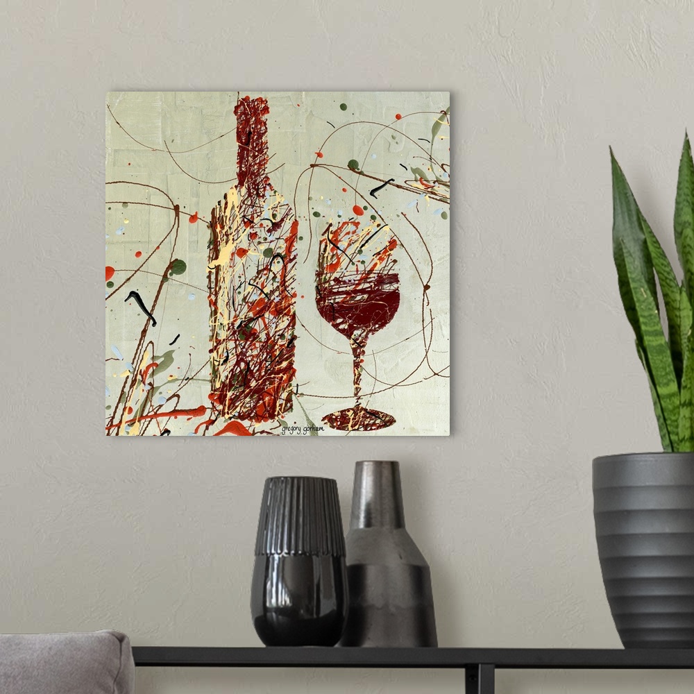 A modern room featuring Contemporary, abstract interpretation of wine bottles