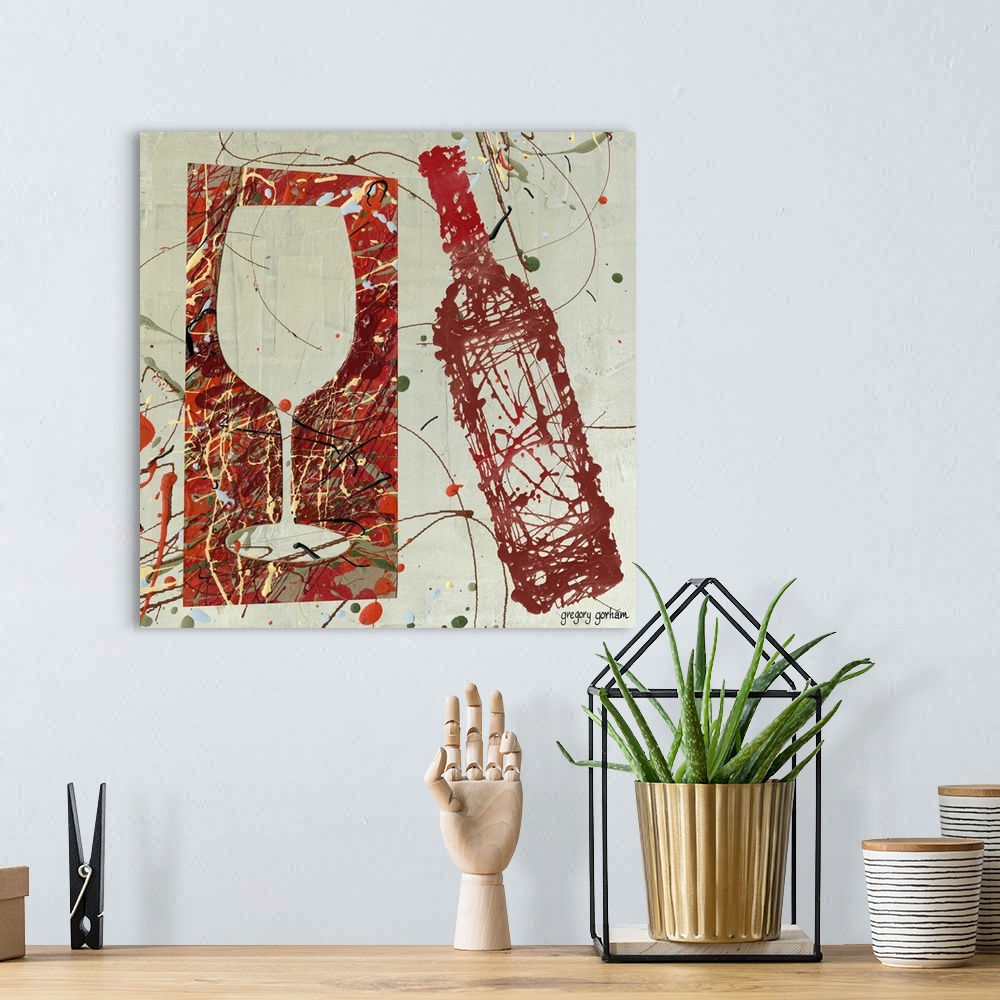 A bohemian room featuring Contemporary, abstract interpretation of wine bottles