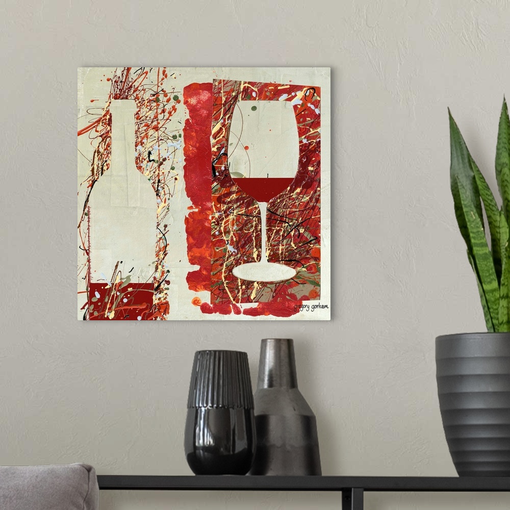 A modern room featuring Contemporary, abstract interpretation of wine bottles