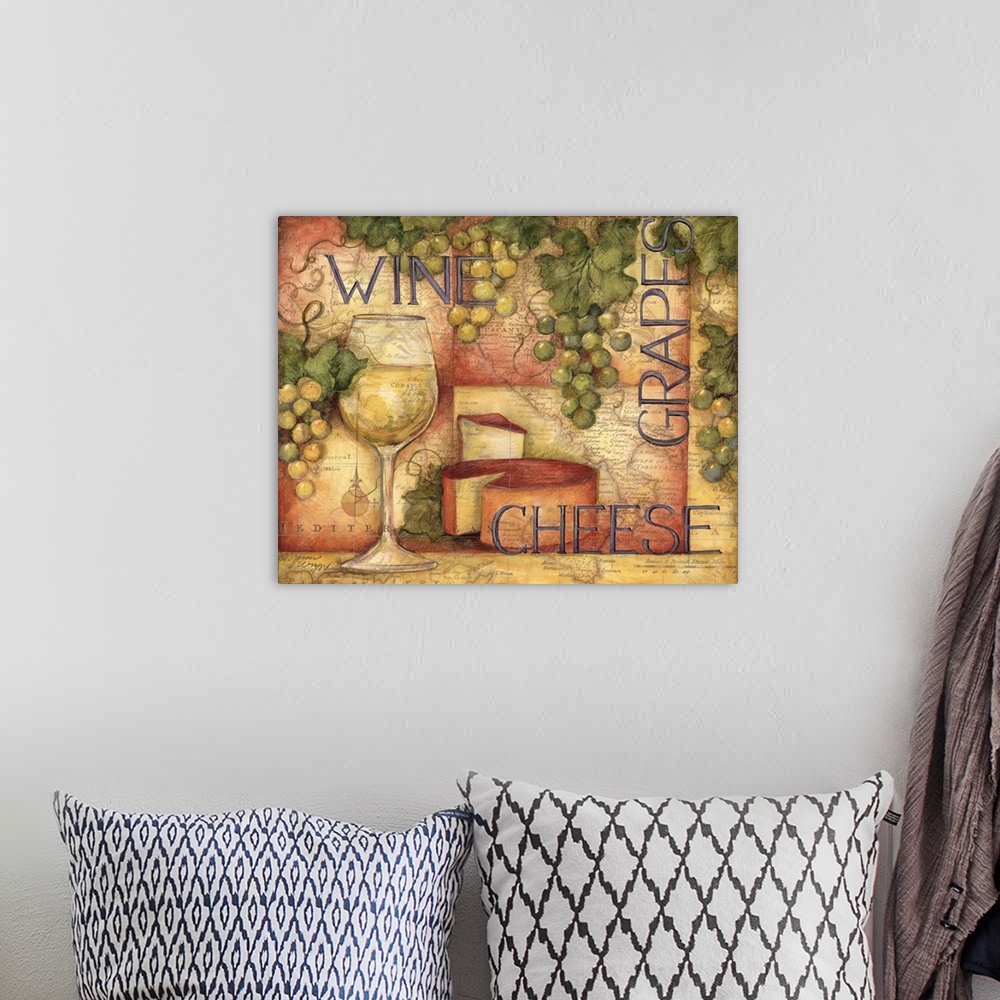 A bohemian room featuring Mixed media artwork of a glass of wine, cheese wedge and grapes overlain with map and the text "W...