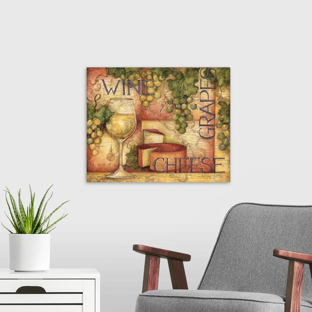 A modern room featuring Mixed media artwork of a glass of wine, cheese wedge and grapes overlain with map and the text "W...