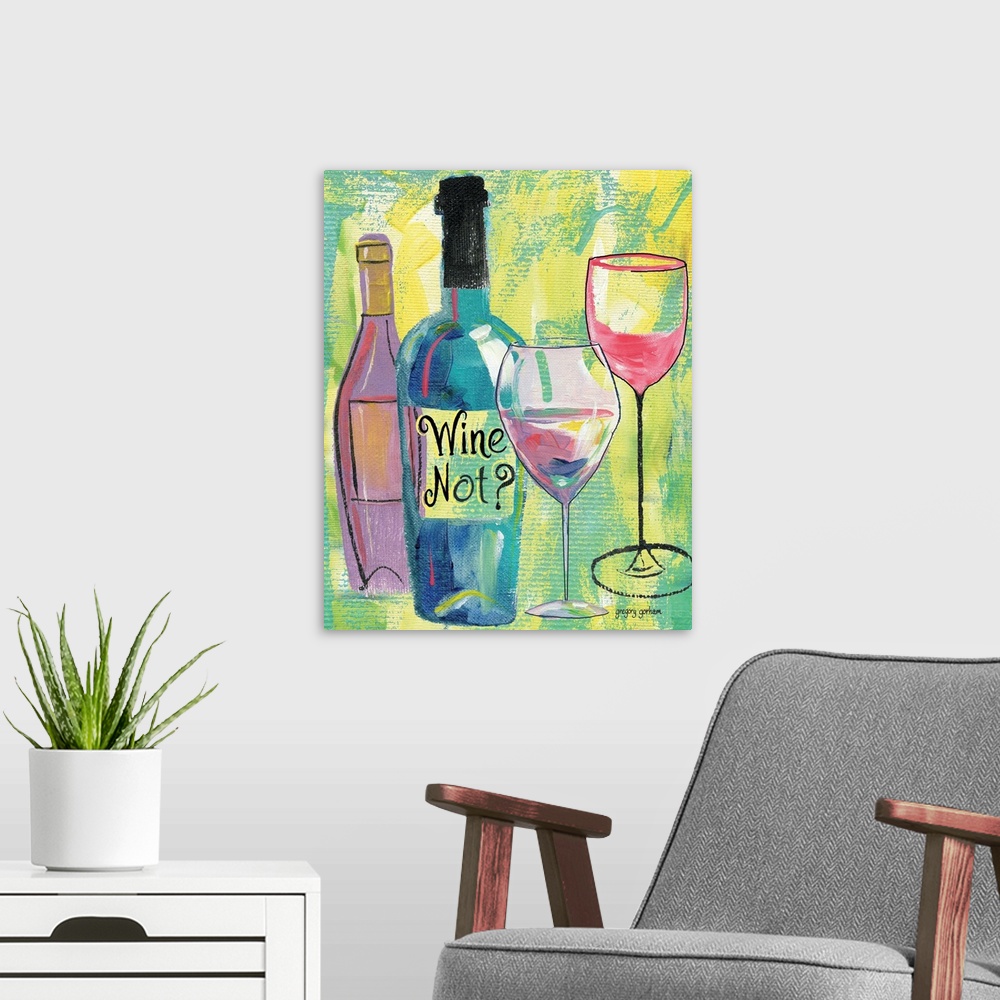 A modern room featuring Whimsical, sassy wine scene injects humor into a decor treatment.