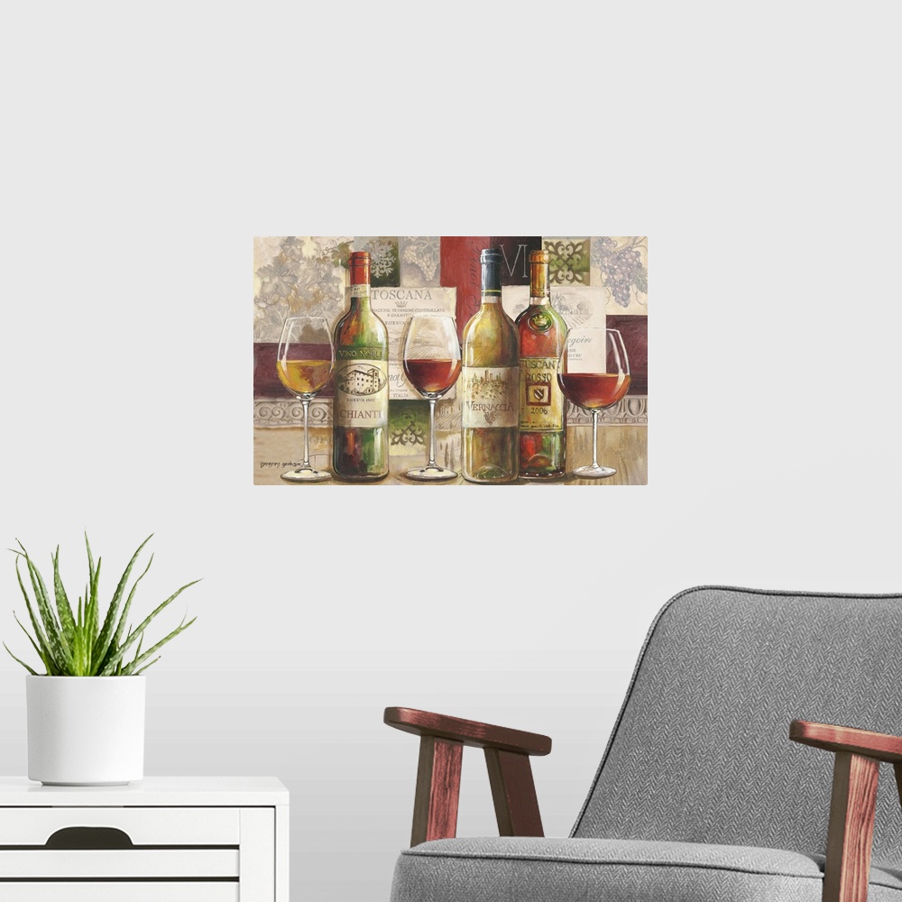 A modern room featuring Classic wine tableau scene adds an elegant touch to a dining room kitchen or study.