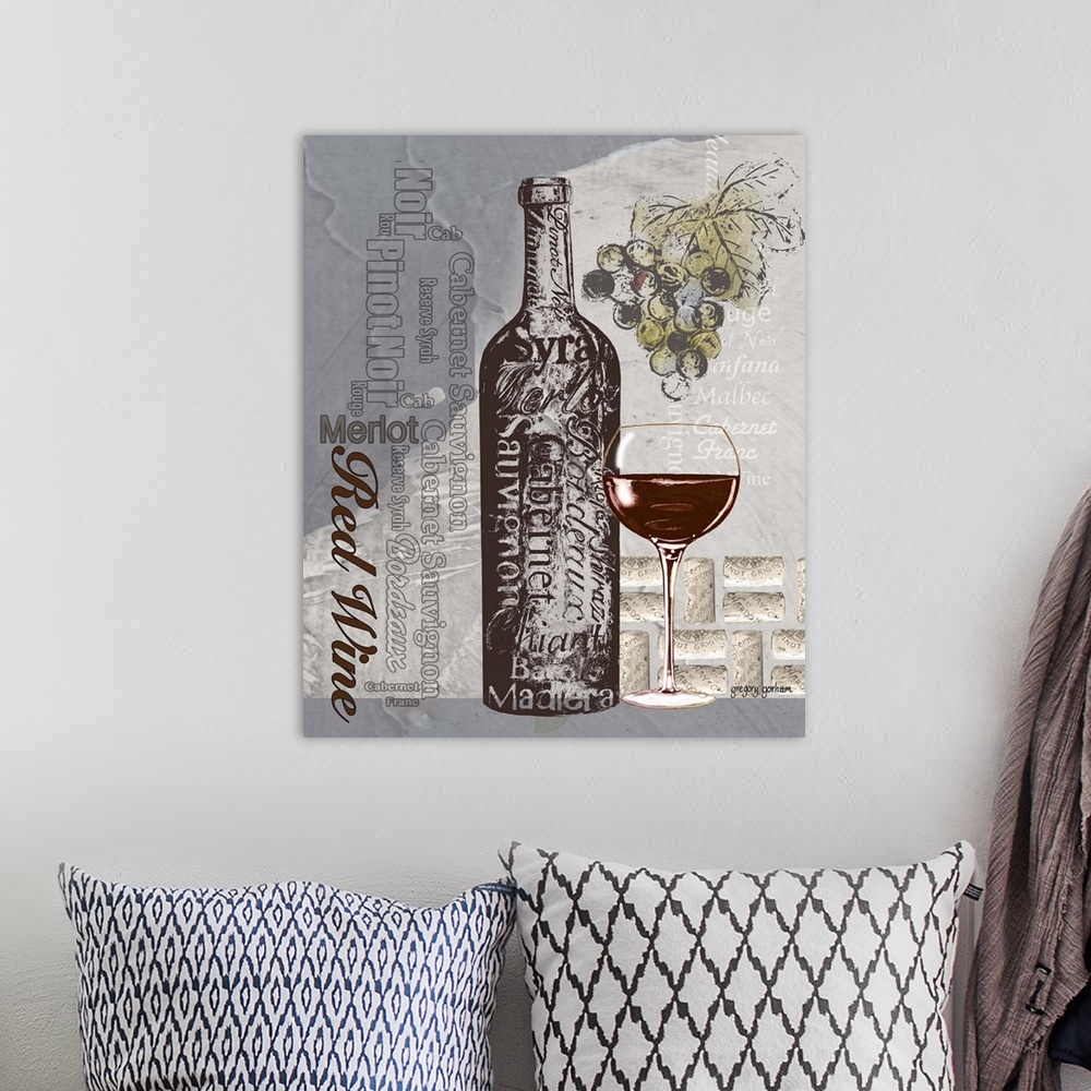 A bohemian room featuring Strikingly tonal art with a variety of red wines references.