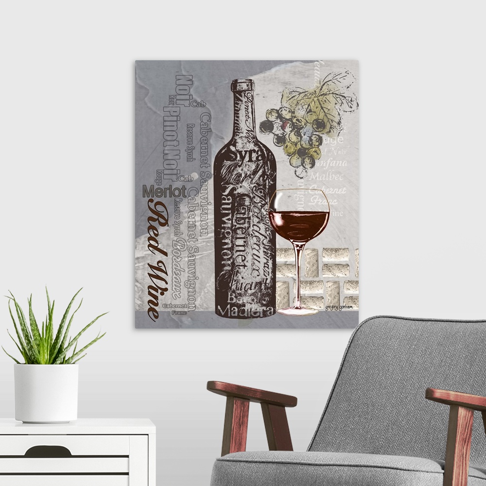 A modern room featuring Strikingly tonal art with a variety of red wines references.