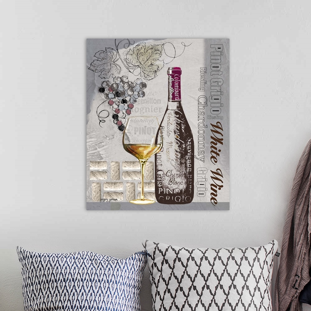 A bohemian room featuring Strikingly tonal art with a variety of white wines references.
