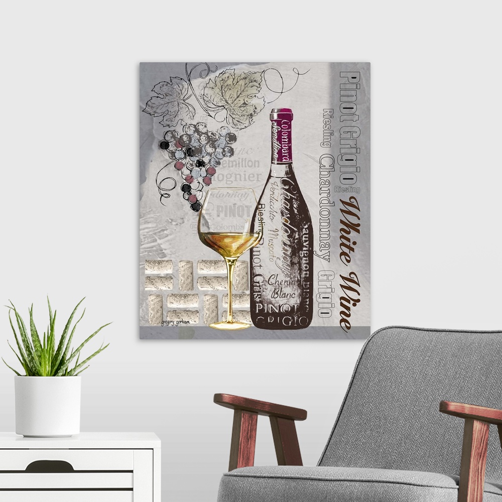 A modern room featuring Strikingly tonal art with a variety of white wines references.