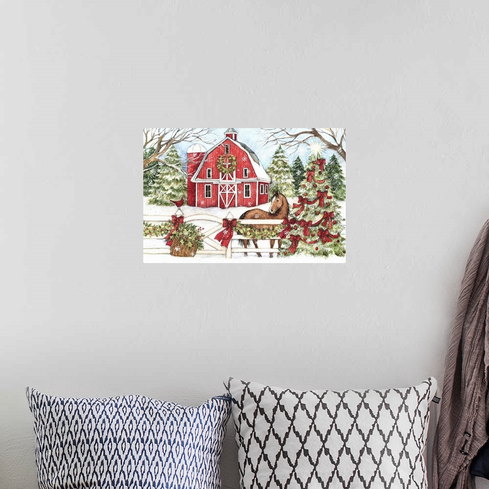 A bohemian room featuring This winter barn scene with horse evokes a country Christmas.