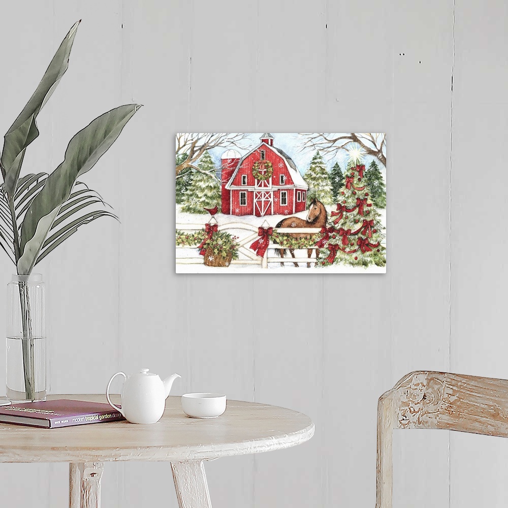 A farmhouse room featuring This winter barn scene with horse evokes a country Christmas.