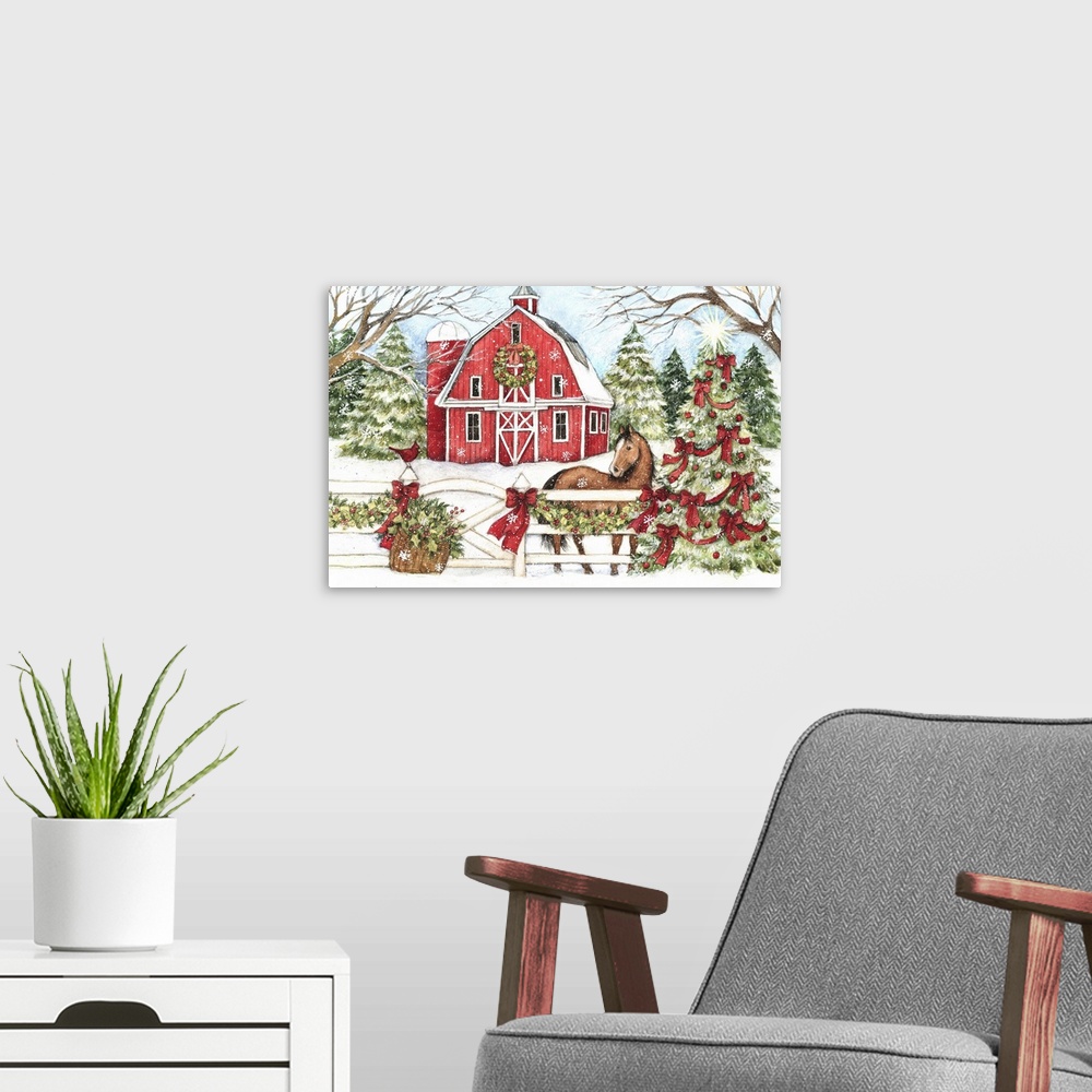 A modern room featuring This winter barn scene with horse evokes a country Christmas.