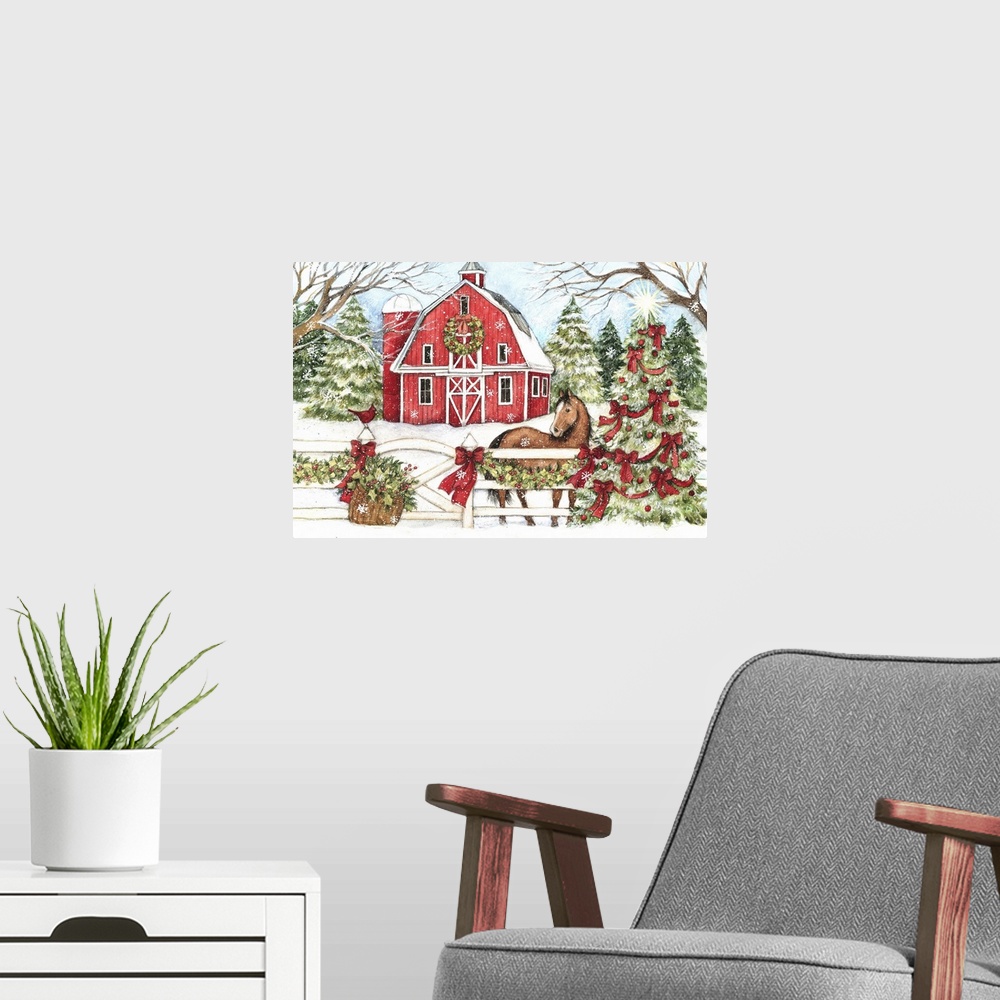 A modern room featuring This winter barn scene with horse evokes a country Christmas.