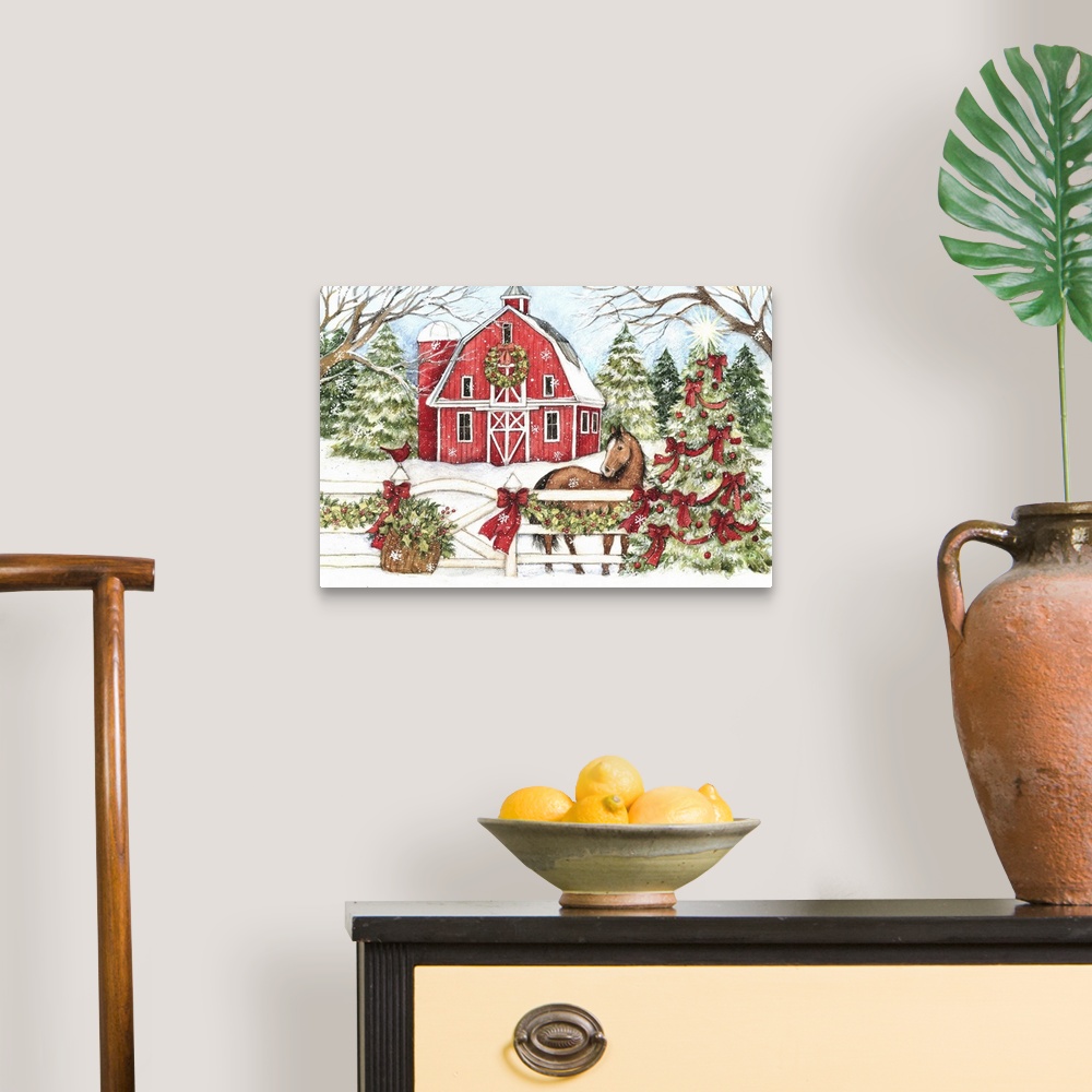 A traditional room featuring This winter barn scene with horse evokes a country Christmas.