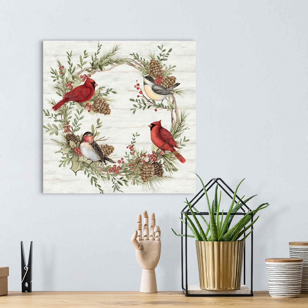A bohemian room featuring Winter birds adorn this rustic wreathaeperfect for all winter!