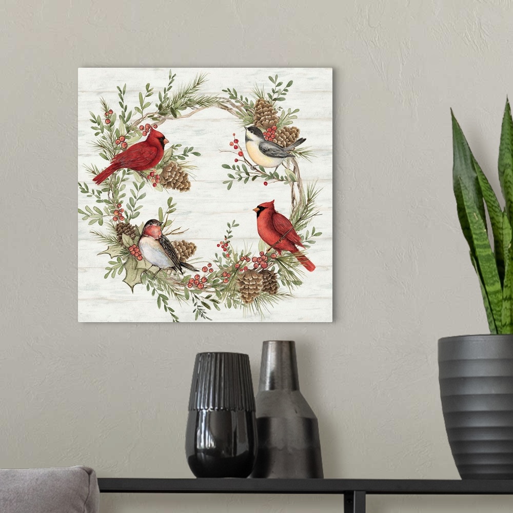 A modern room featuring Winter birds adorn this rustic wreathaeperfect for all winter!