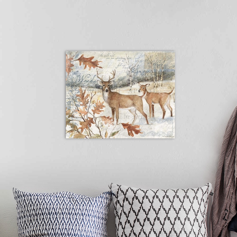 A bohemian room featuring Winter deers in a snowy sceneperfect for den, lodge, cabin, or office.