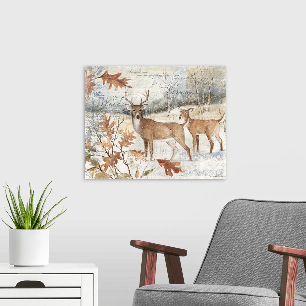 A modern room featuring Winter deers in a snowy sceneperfect for den, lodge, cabin, or office.