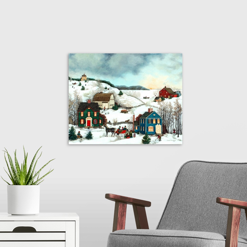 A modern room featuring A contemporary painting of a countryside village scene at Christmas.