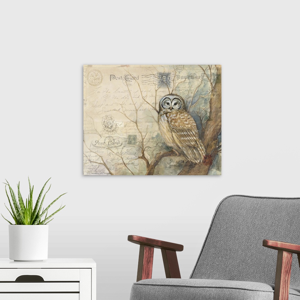 A modern room featuring Botanical nature scene features the wise old owlgreat for den, study, bedroom, home decor