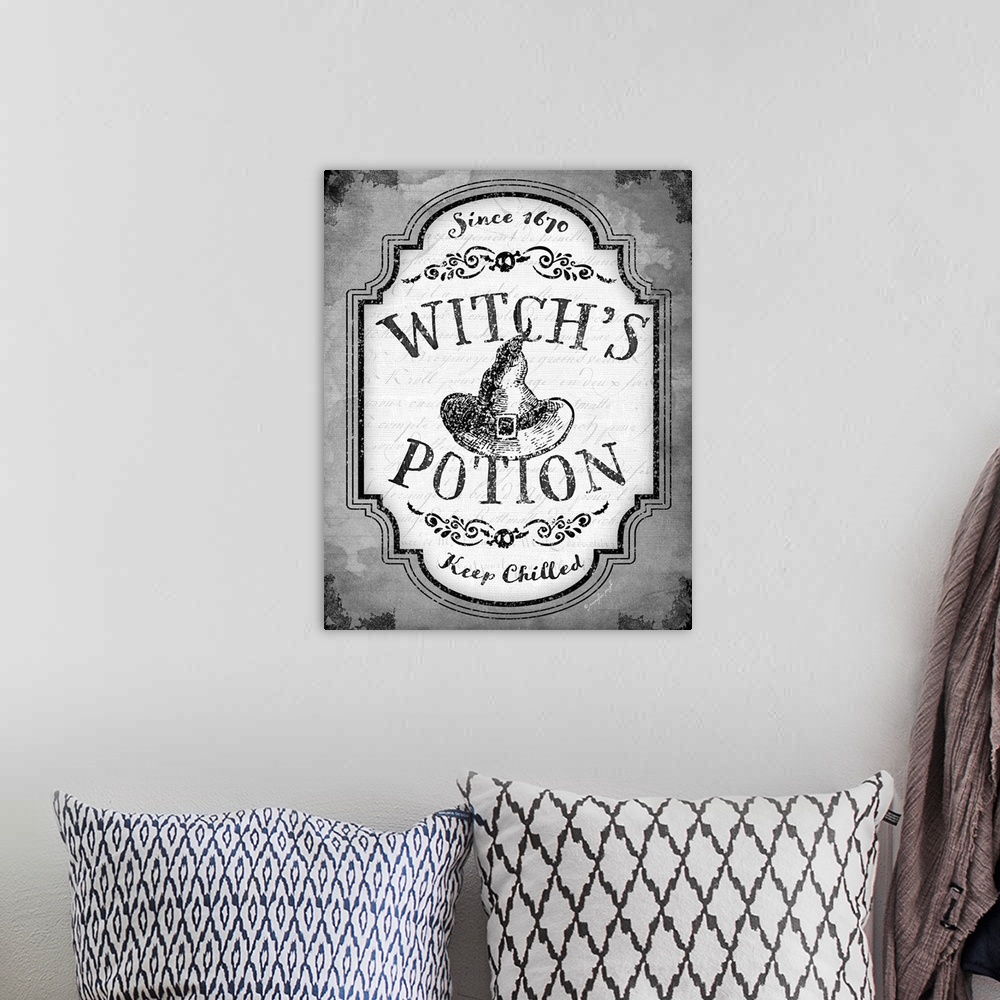 A bohemian room featuring Vintage style Halloween themed product label for a spooky ingredient in black and white.
