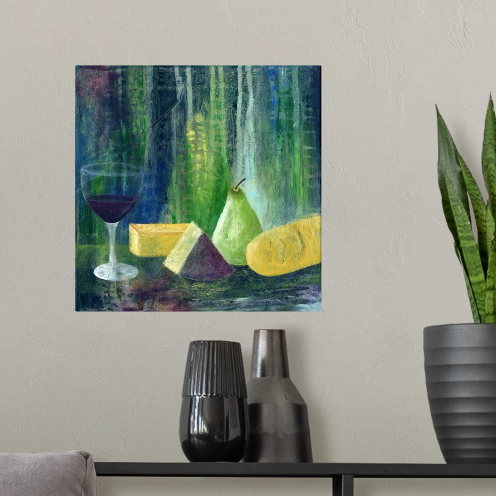 A modern room featuring Abstract wine tableau offers a unique take on a popular theme