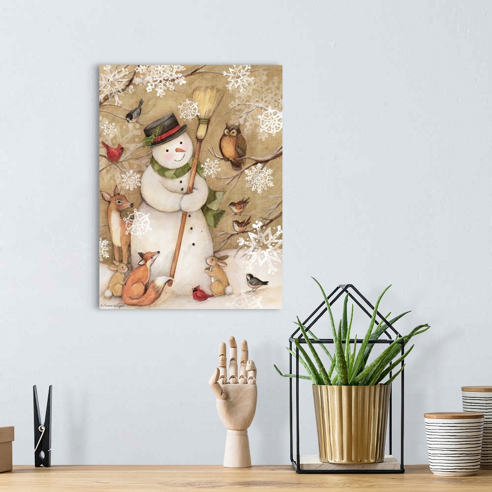 A bohemian room featuring A classic snowman makes friends with his woodland critters!