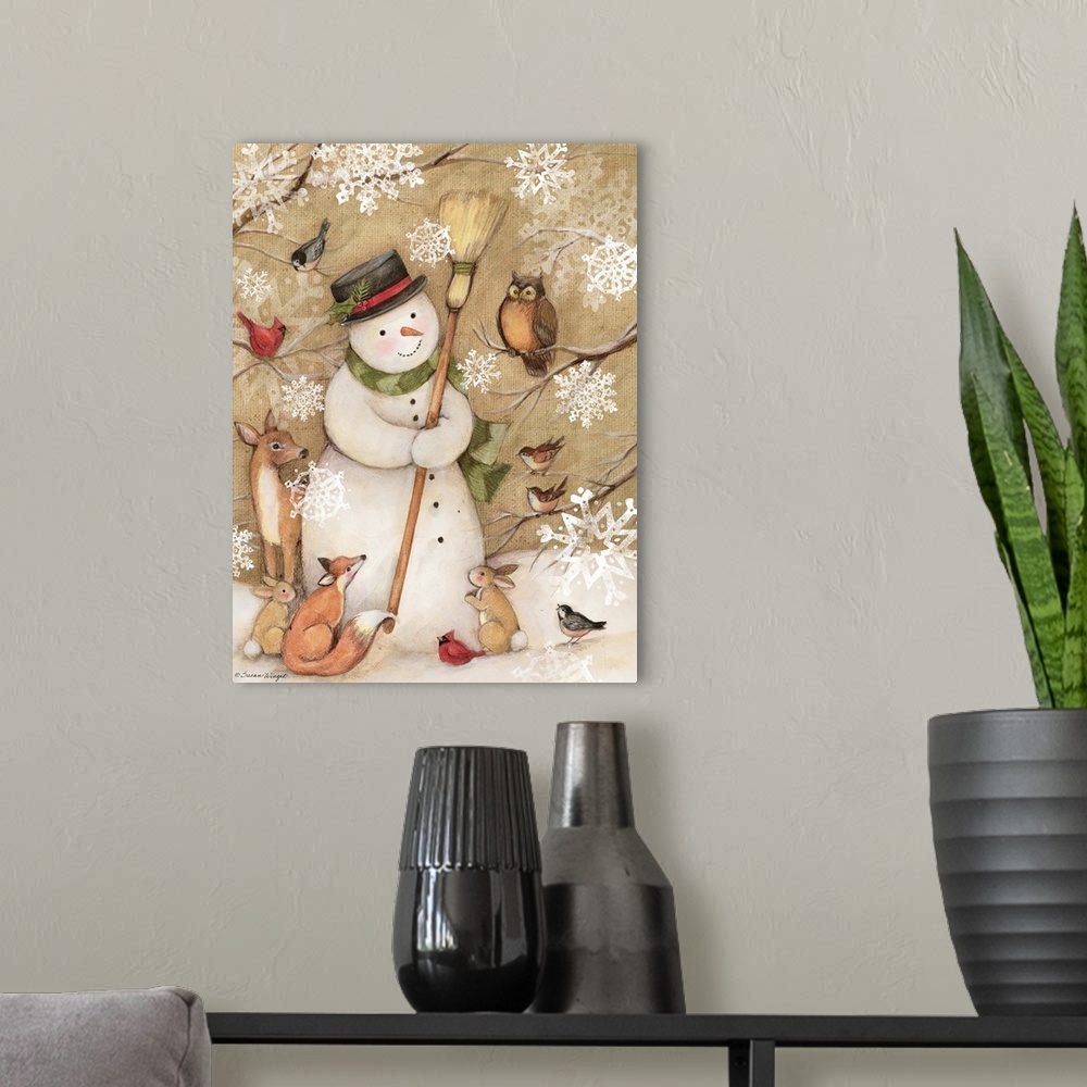 A modern room featuring A classic snowman makes friends with his woodland critters!