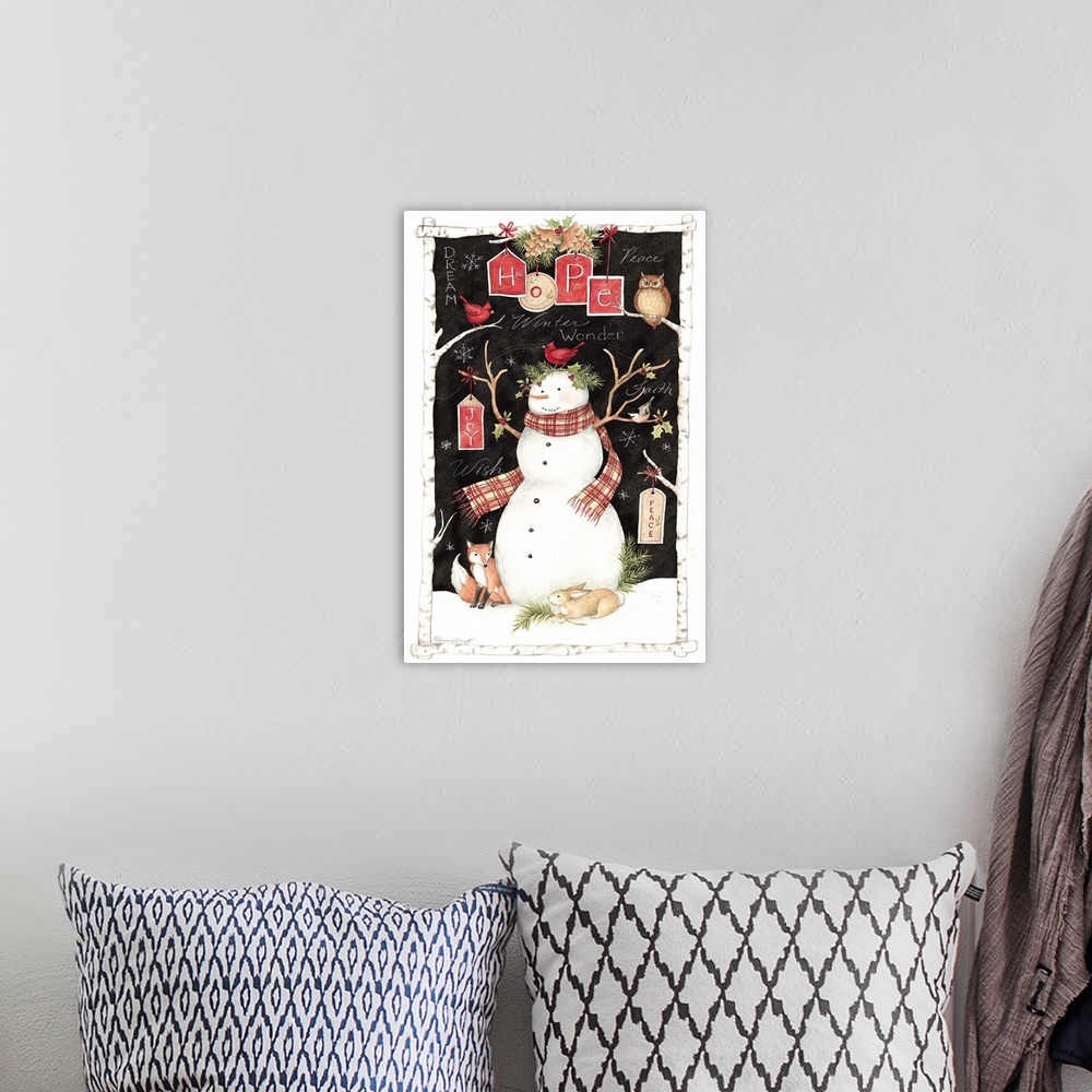 A bohemian room featuring A classic snowman is surrounded by critters in this woodland scene.