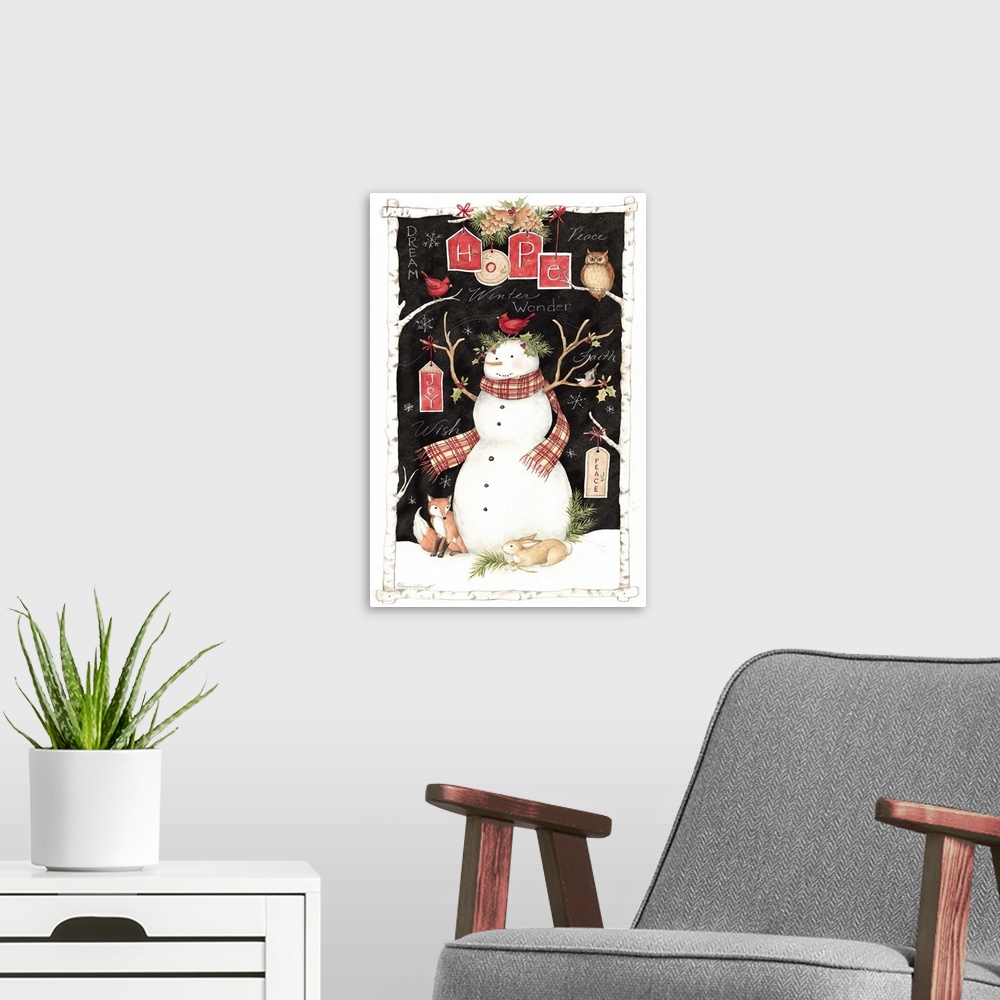 A modern room featuring A classic snowman is surrounded by critters in this woodland scene.