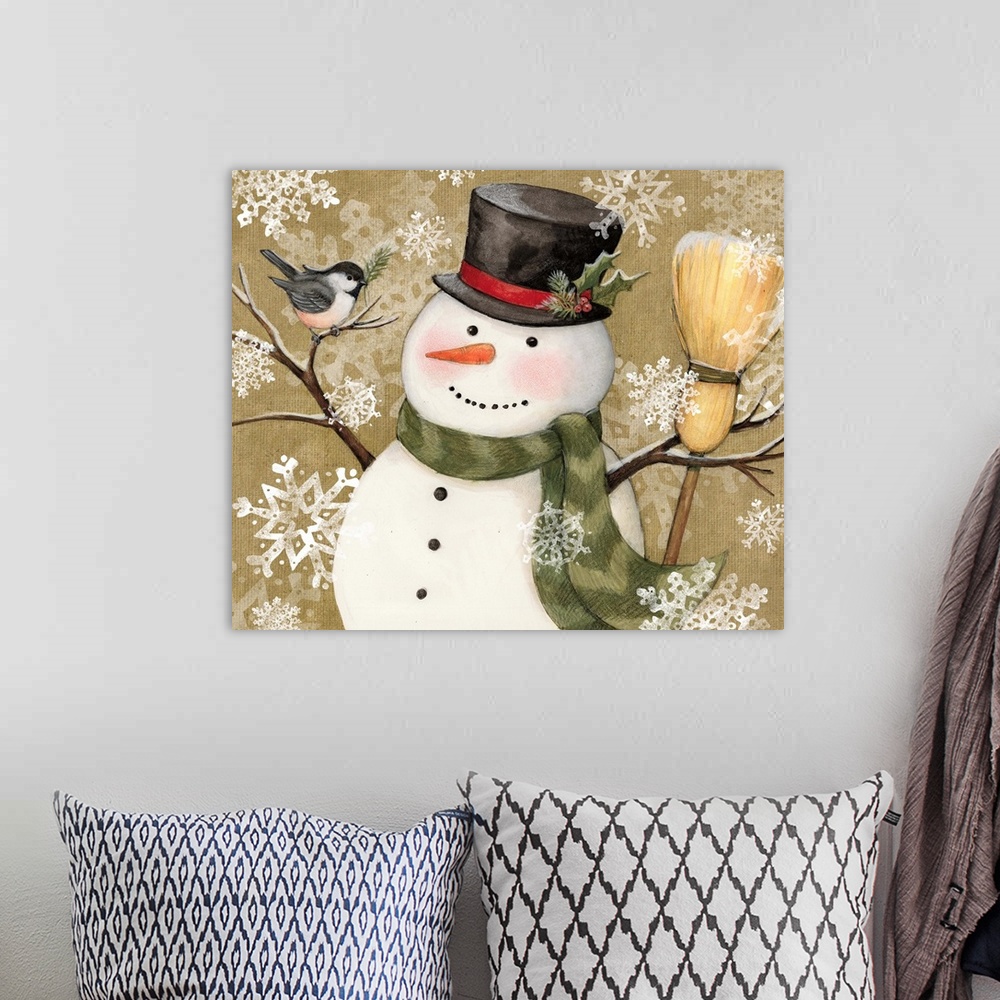 A bohemian room featuring A classic snowman makes friends with a visiting bird!