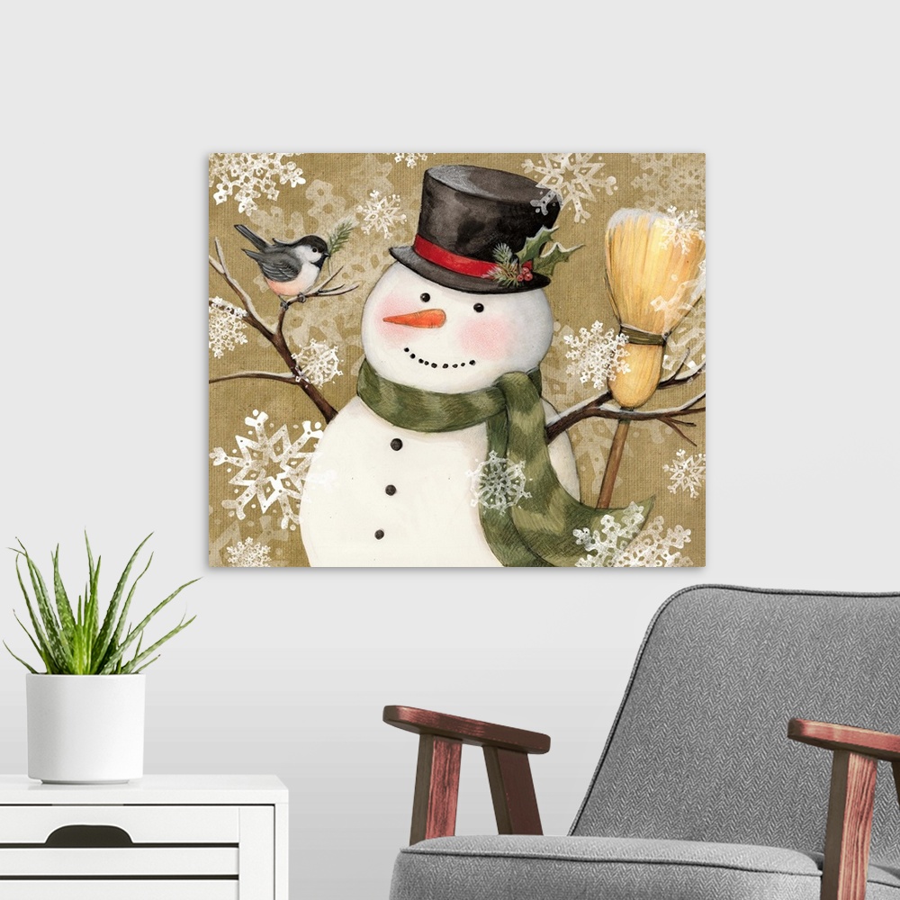 A modern room featuring A classic snowman makes friends with a visiting bird!